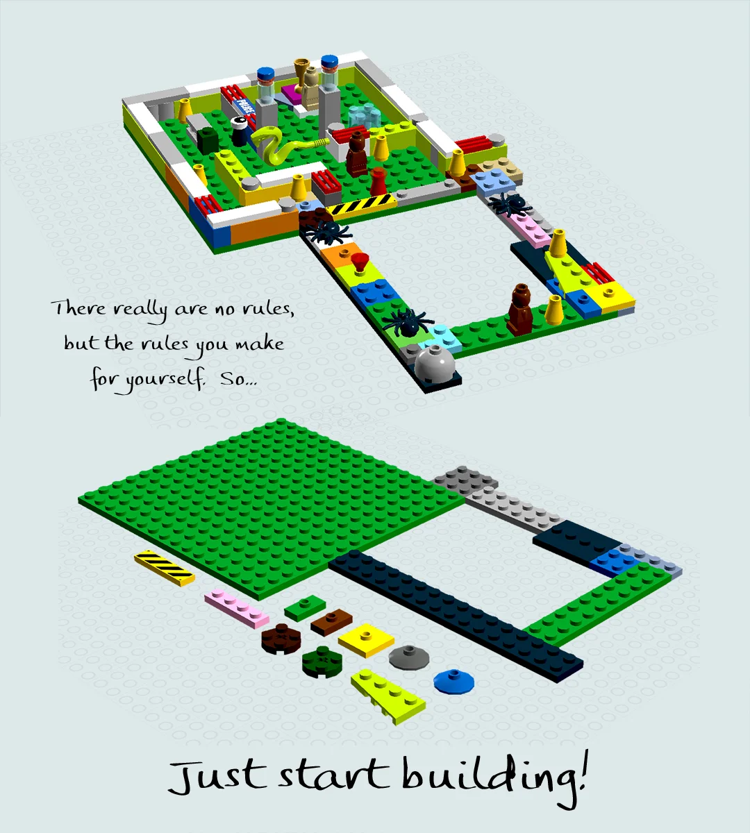 This is an improvised gameboard, inspired by both Heroica and Minotaurus! I added some of the game elements described in this log, ones invented by my family during our recent visit. Can you find the Serpent Sphynx ? A Rolling Ruby ? How about a Mystery Potion ? Don't stare at this too long; go break out your own bricks and start building!