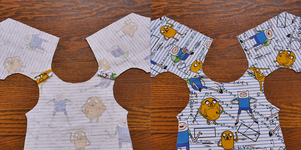 Open the seams at each shoulder and press them flat. It should look like this from the "wrong" side (on the left) and from the "right" side (on the right).