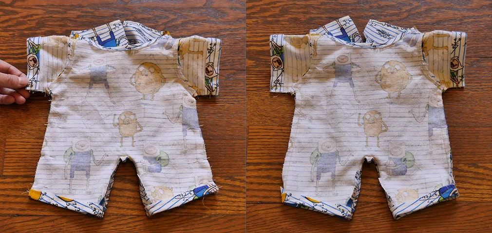 Now, run a seam along the right and left sides of your garment. These seams should start at the cuff of each sleeve and end at the cuff at each leg.