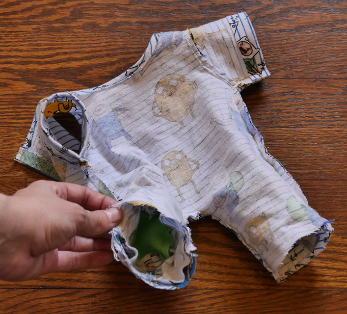 Before I run these seams, I push each footie inside each pant leg.