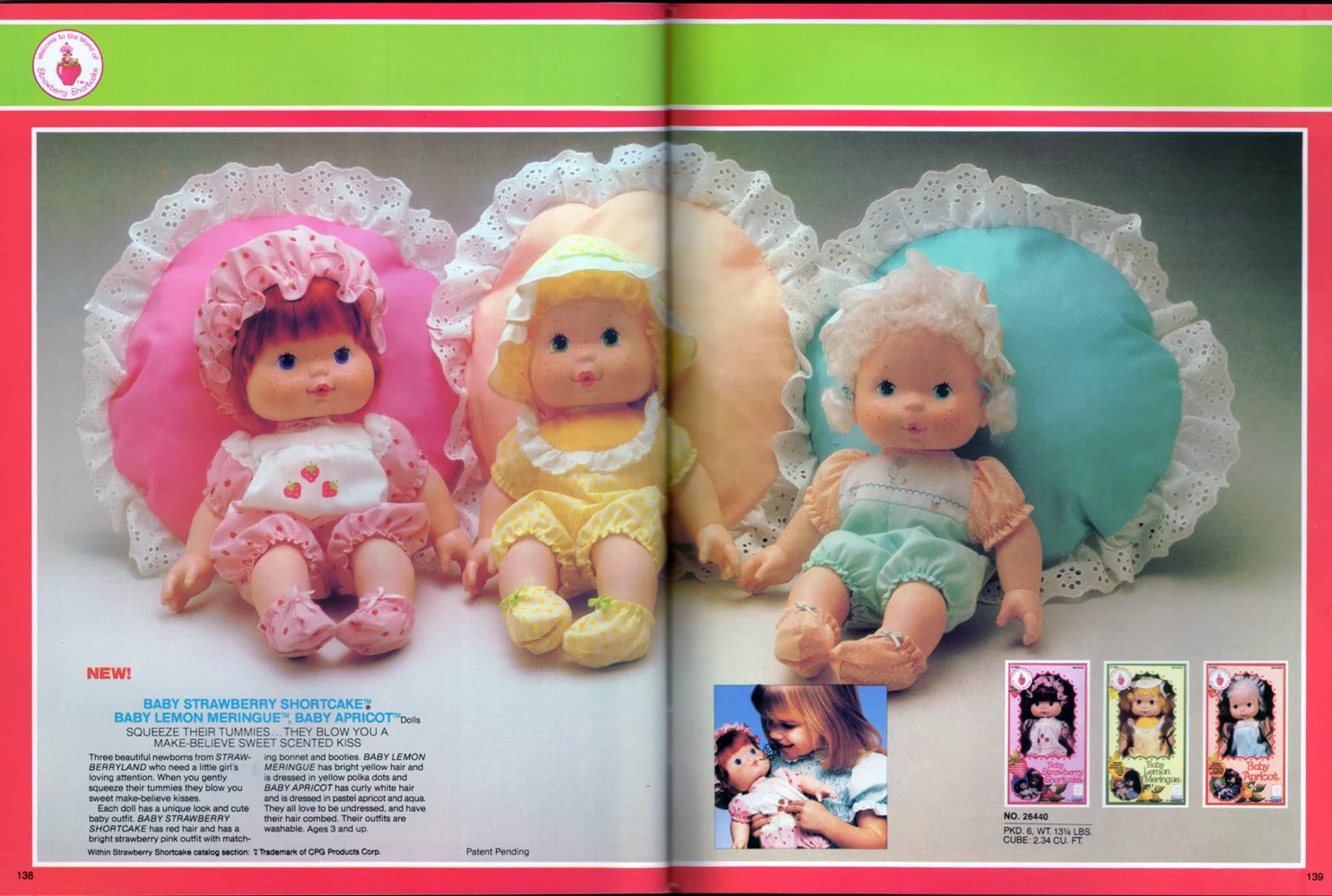 Baby Strawberry Shortcake, Baby Lemon Meringue, and Baby Apricot dolls from Kenner Products, 1982.