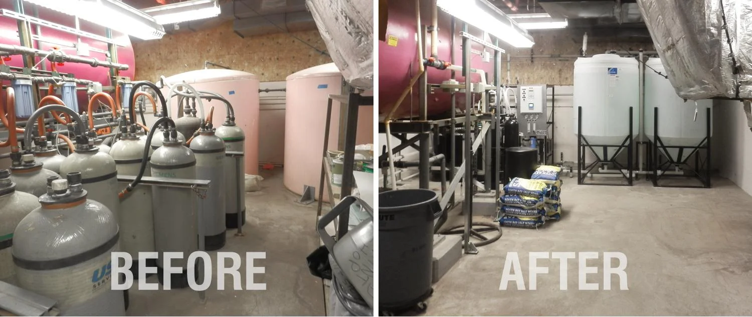 Water works (San DIEGo, CA) Industrial water purification solutions for life sciences: This image illustrates the space savings delivered by the custom skid-mounted water purification system designed, engineered, and built by Water Works.