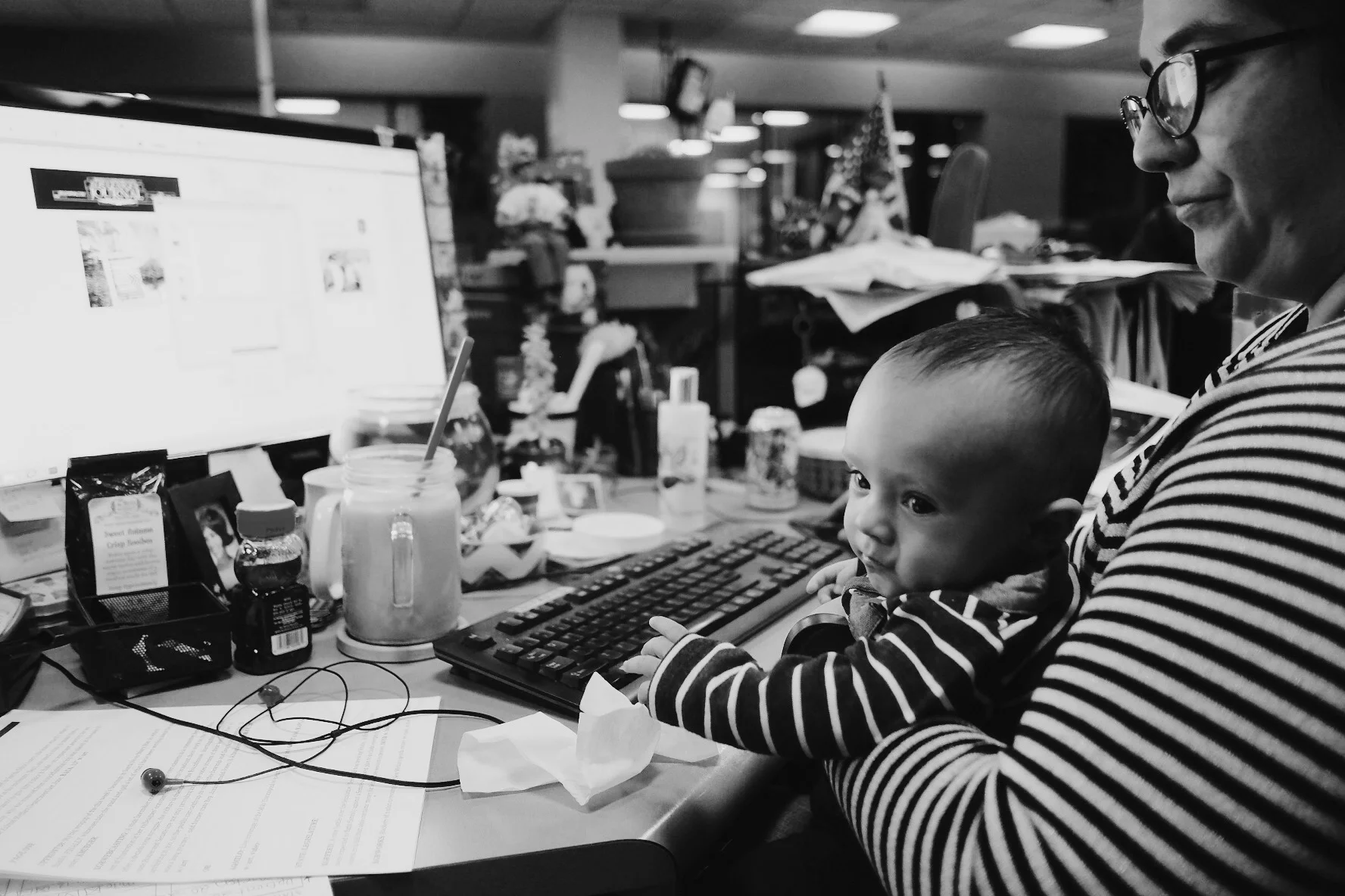 Four-month-old Moby Hjelm helps Beth Trujillo lay out A1 on Friday, Jan. 27, 2017, on his mother's last day the Albuquerque Journal.