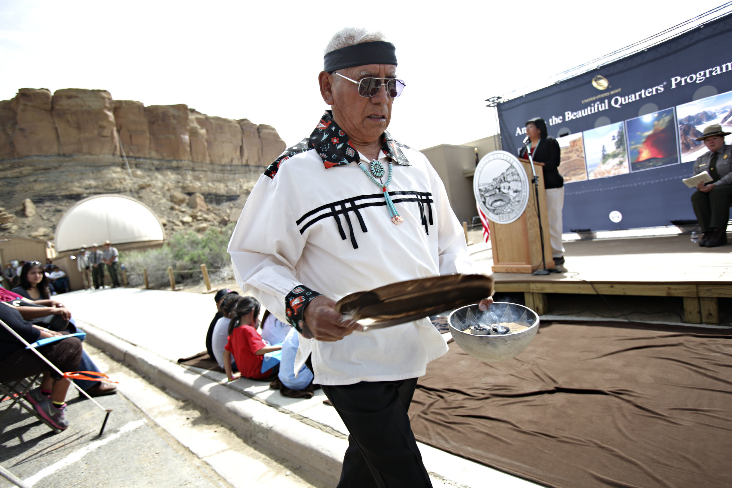  Councilman Ernest M. Vallo Sr., of Acoma Pueblo blesses the new Chaco Canyon visitor center during the quarter launch at Chaco Canyon, Thursday, April 26, 2012. (Morgan Petroski/Albuquerque Journal) 