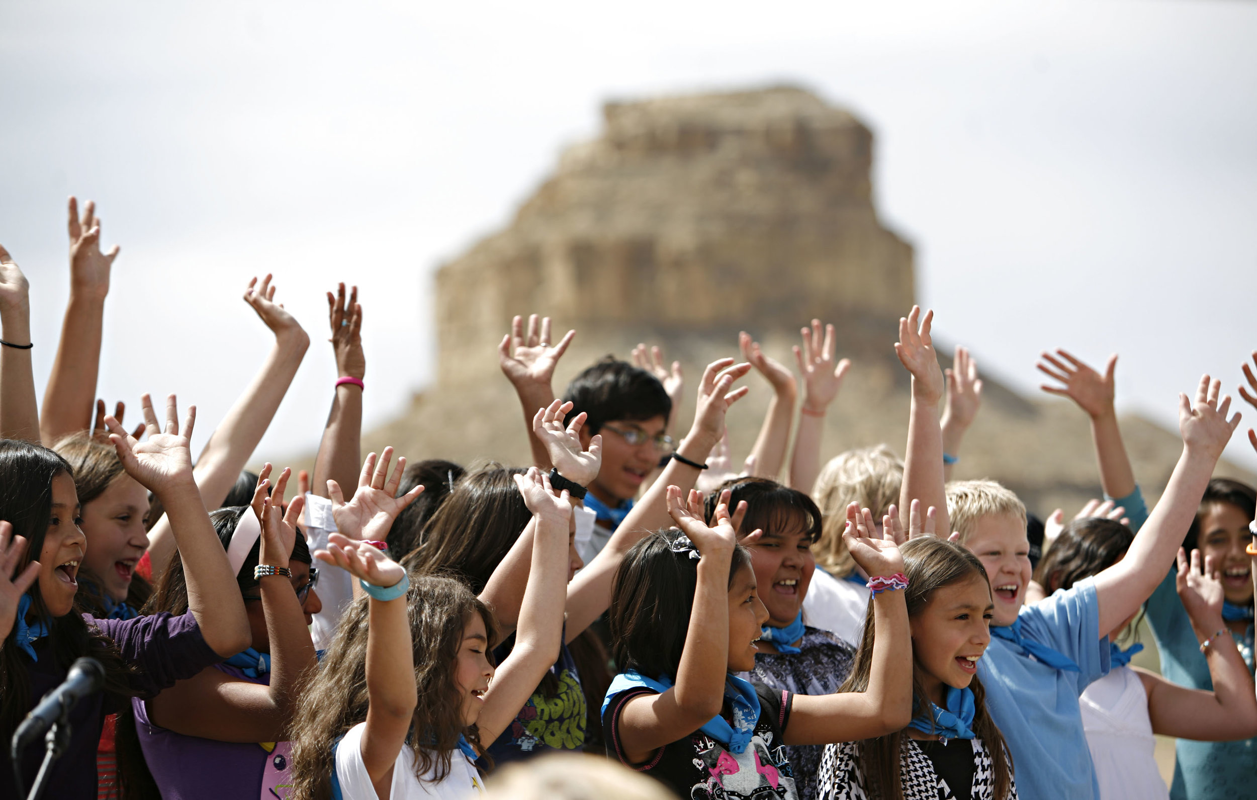  The Apache Elementary Honor Choir performs in front of Fajada Butte during the Quarter launch at Chaco Canyon, Thursday, April 26, 2012. (Morgan Petroski/Albuquerque Journal) 