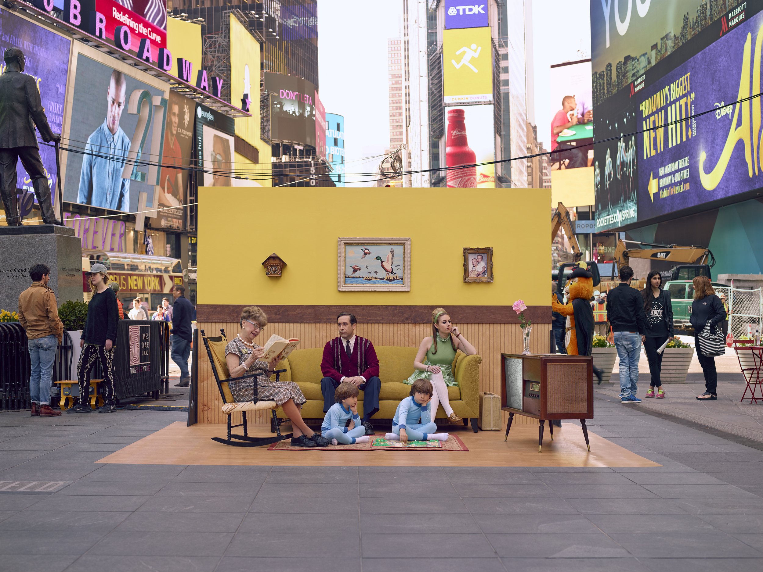 Sarah portrayed the unhappy housewife in the Times Square edition of #SetintheStreet, which is an ongoing art project in which Justin Bettman (and on select shoots Gozde Eker) build elaborate sets out of unwanted materials and furniture, most of which is found on the street. After shooting the photos, the sets are left up so that passersby can shoot their own photos and share using the Instagram hashtag #setinthestreet