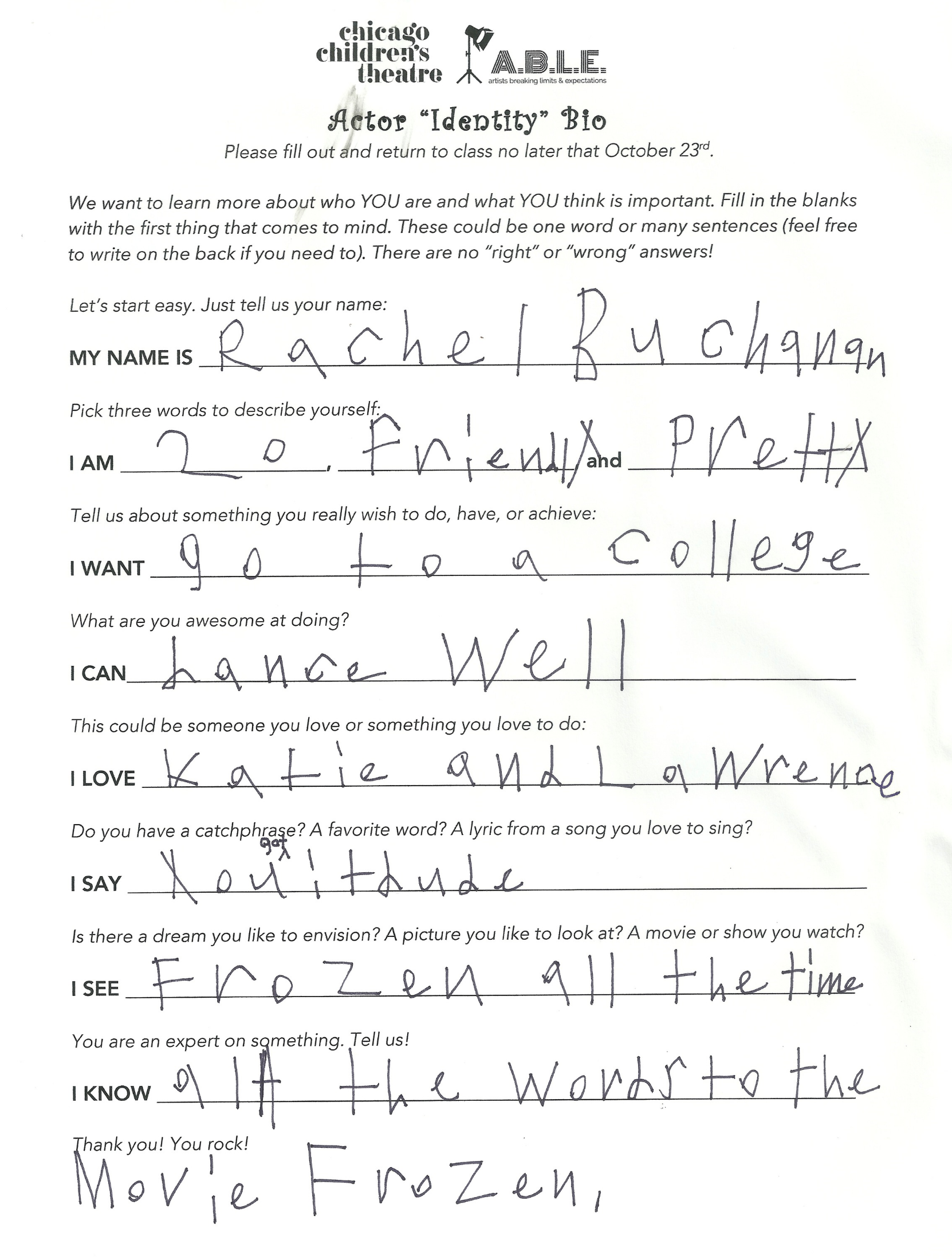 A sample of one of our actor bios. We're using these and some exercises in class to help construct personal monologues for each actor. 