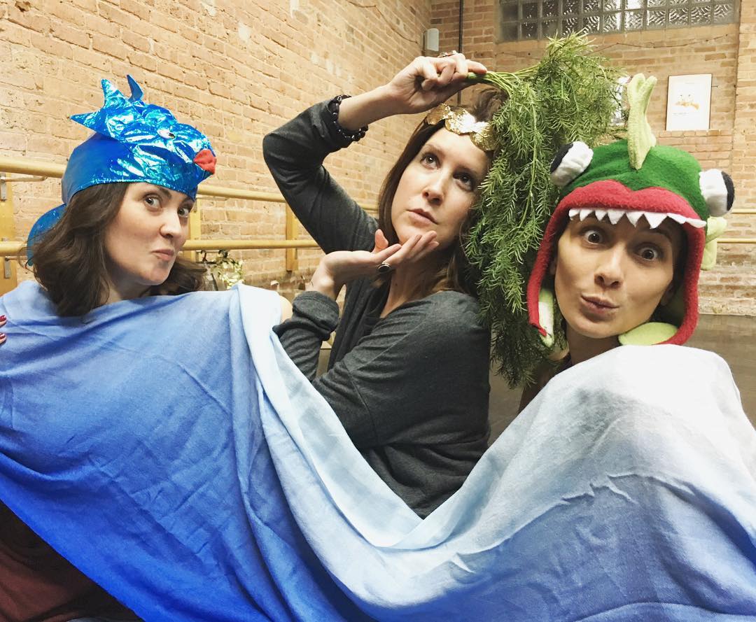Eva, Somer, and Katie have some fun with costumes and props after rehearsal