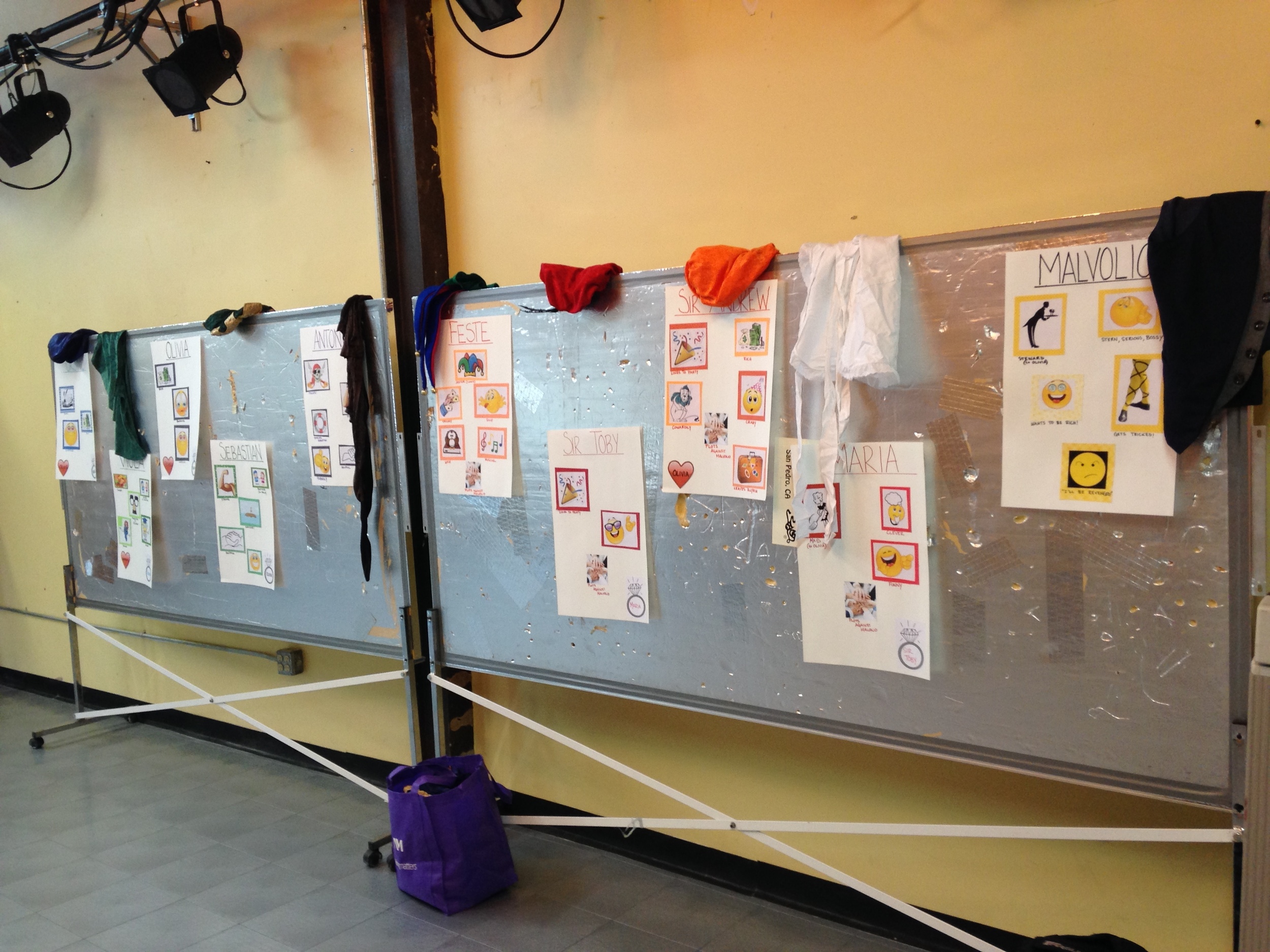 To help our actors learn the story, we have posters for each of the major characters with some of their character traits, and of course, who they fall in love with or marry during the play