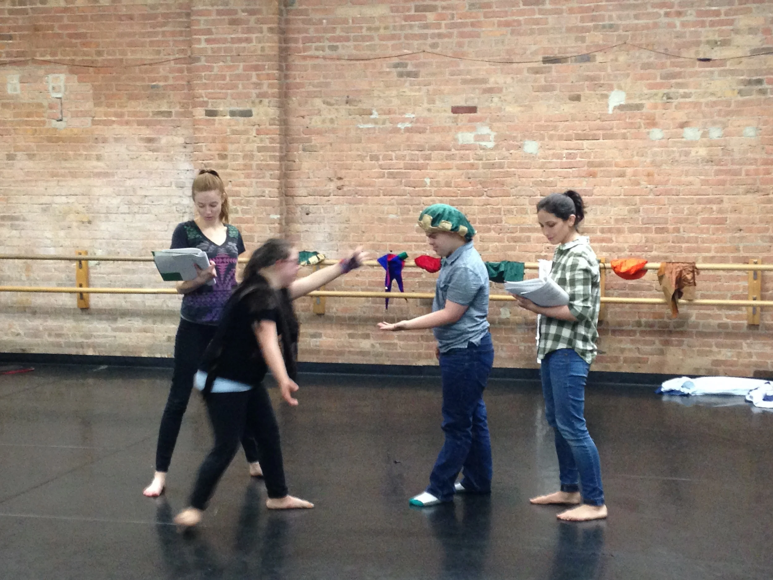 Mila and Jack practice a scene as Antonio and Sebastian. 