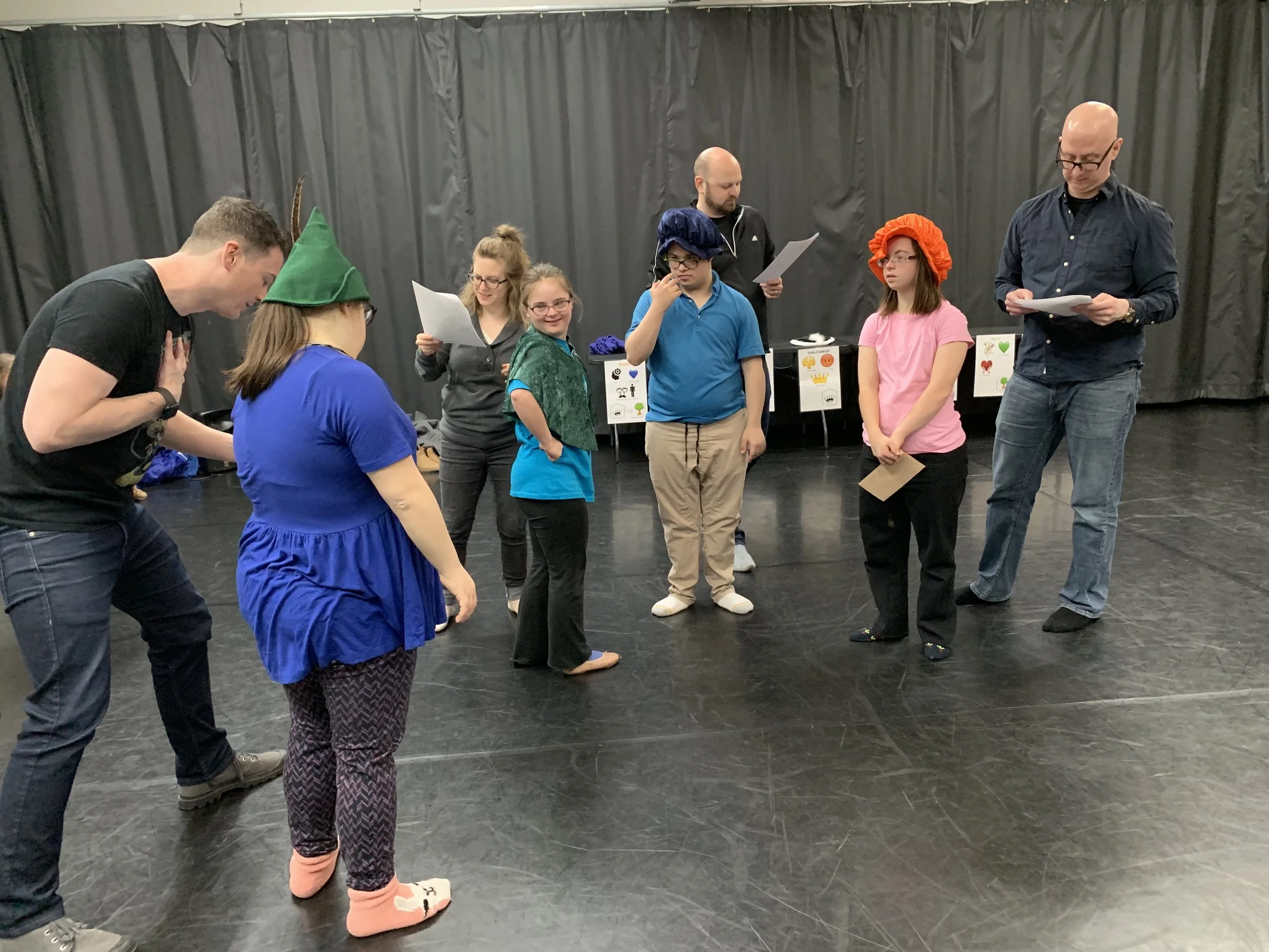 The Friday ensemble acts out As You Like It’s major love quadrangle with Mila as Silvius, Natalia as Phebe, Samuel as Orlando, and Quincy as Rosalind/Ganymede. Notice the signature costume pieces for each character - these help us (and the audience) to keep track of who is who.
