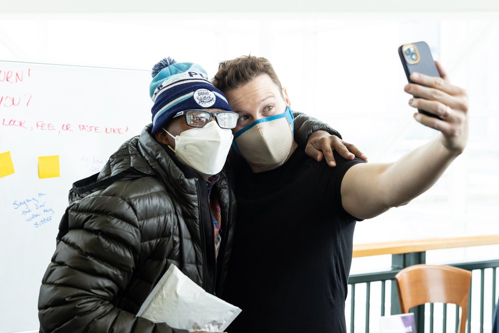  Virtual ensemble member Benjamin Collins and Teaching Artist Lawrence pause for a selfie 