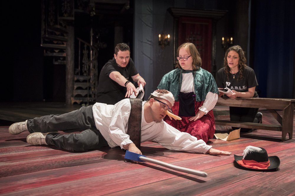  Sam Radinsky and Emily Lavin perform in the final scene of Cyrano de Bergerac (2018) in The Yard at Chicago Shakespeare.    (photo by Liz Lauren)   