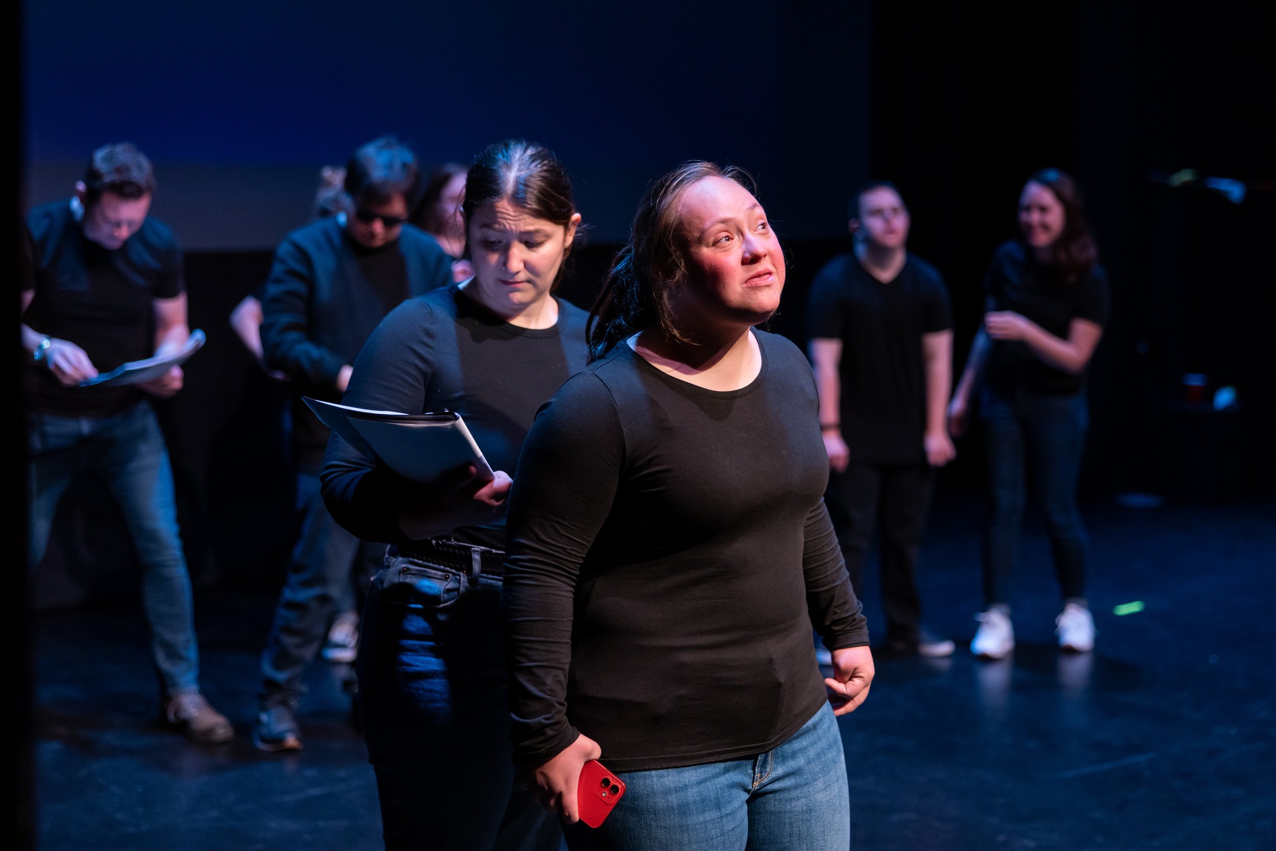  Actor Marissa Bloodgood, a latinx performer with Down syndrome passionately addresses the audience with a monologue in RECONNECT (2022) Upstairs at Chicago Shakespeare     (photo by Justin Barbin)   