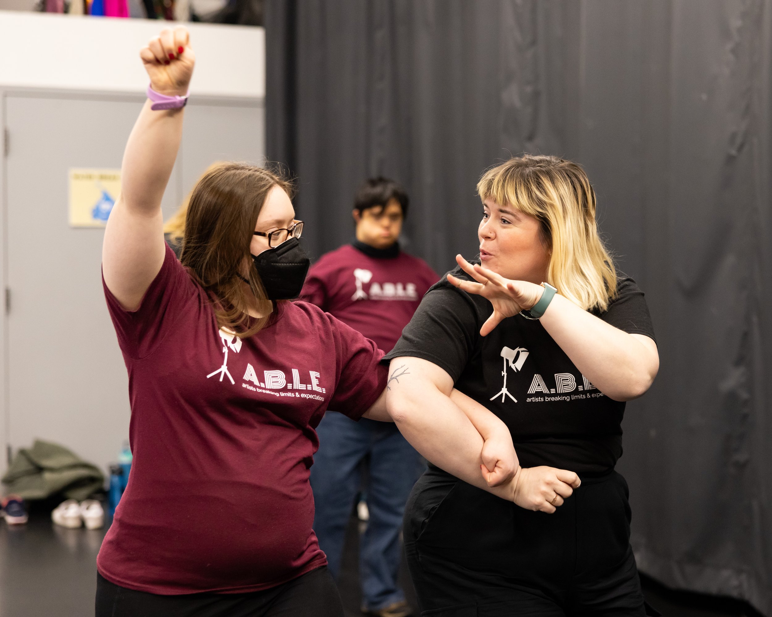  Actor Emily Kwidzinski and volunteer facilitator Megan Gray collaborate on movement for a character. Each actor works closely with a member of A.B.L.E.’s teaching team to ensure they have the individual support and accommodations necessary to thrive
