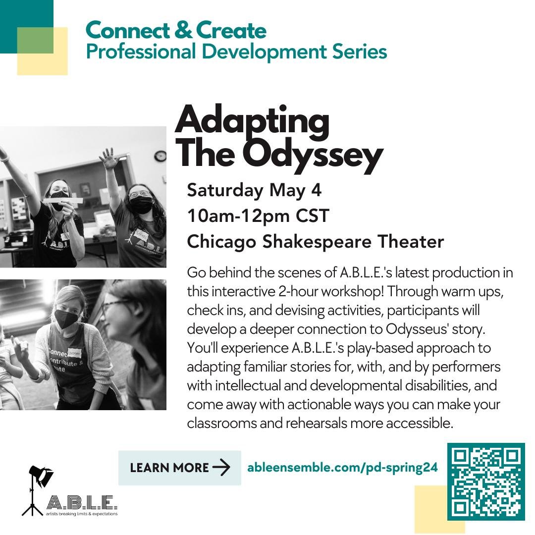 JUST ADDED!
Go behind the scenes of A.B.L.E.'s latest production our new interactive 2-hour professional development workshop! #OdysseyABLE co-directors Braden Cleary and Katie Yohe with Creative Associate Colleen Altman will guide you through a typi