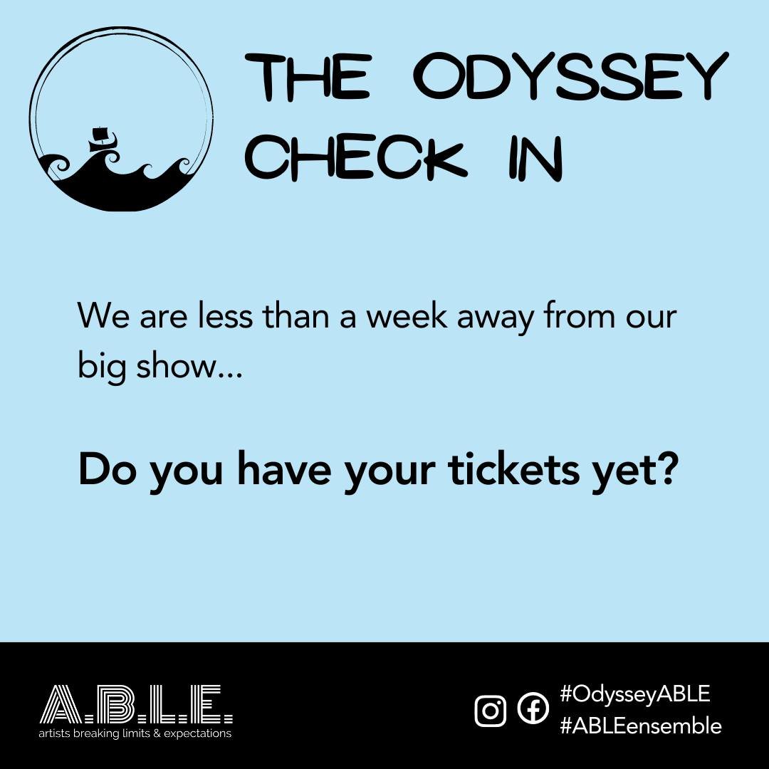 We are less than a week a way from #OdysseyABLE which brings us to the last, and maybe the most important question of our #OdysseyCheckIn series: Do you have your tickets yet? Don't wait! Grab yours at ableensemble.com/events
.
.
.
[ID: a light blue 