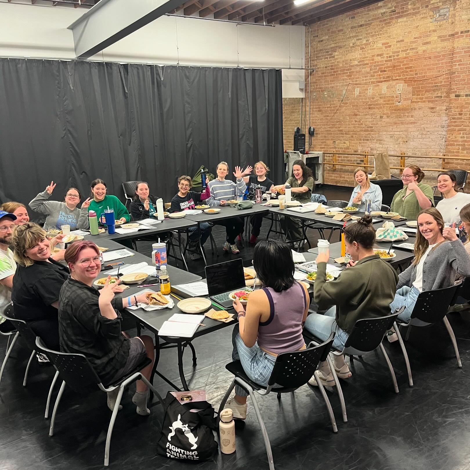 Our facilitation team had a great final run through tonight and we are ready to blow you away tomorrow at #odysseyABLE! See you at @chicagoshakes tomorrow!
.
.
.
[ID: ABLE&rsquo;s spring 2024 facilitation team smile and wave at the camera. They are s