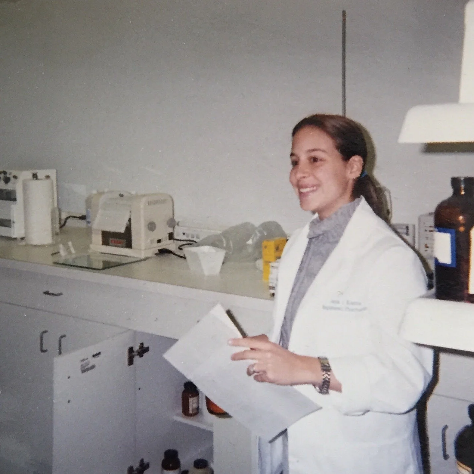 Dr. Janis Kosma-Covey PharmD photographaed back in her days of compounding pharmacy