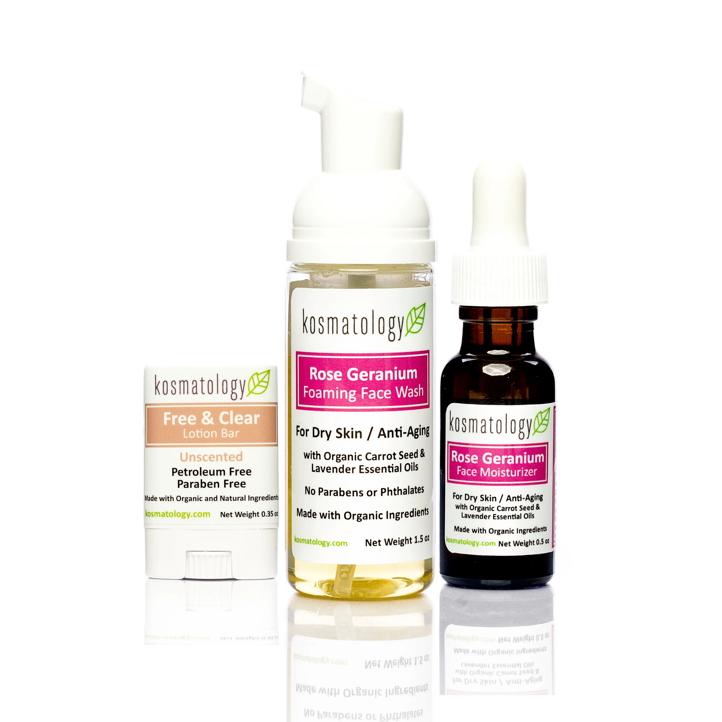 Mini Rose Geranium face wash and oil and mini free and clear lotion bar