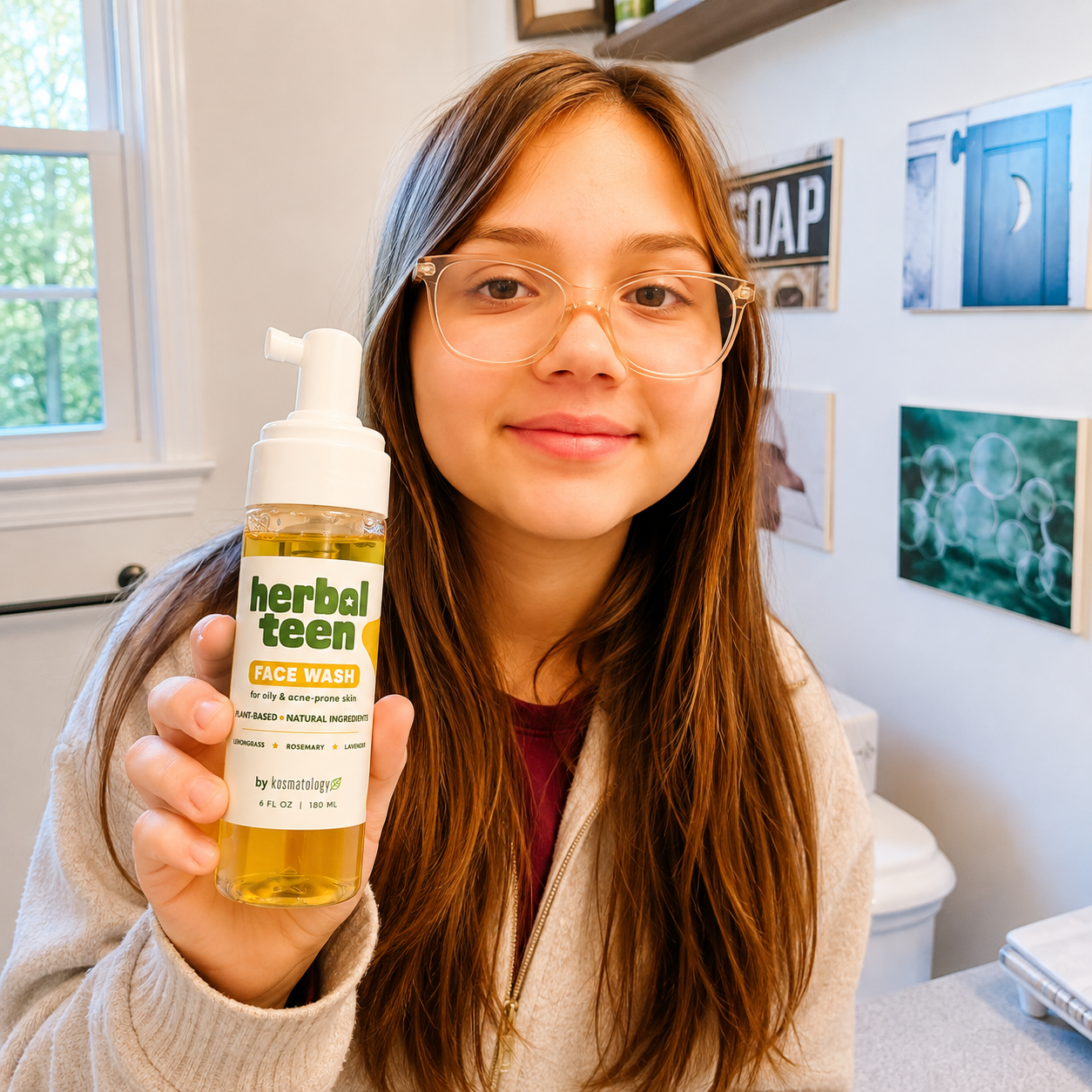 Teen girl holding acne face wash, Herbal Teen Face Wash