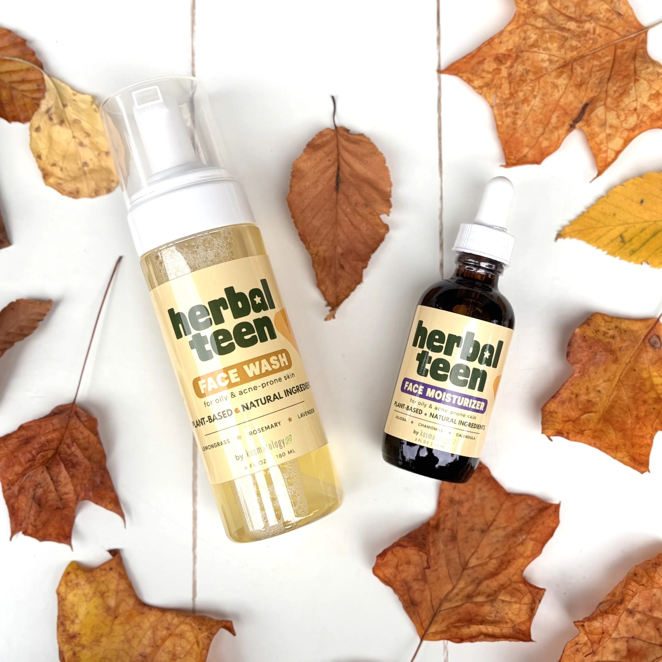 Herbal Teen face products for acne prone skin surrounded by autumn leaves