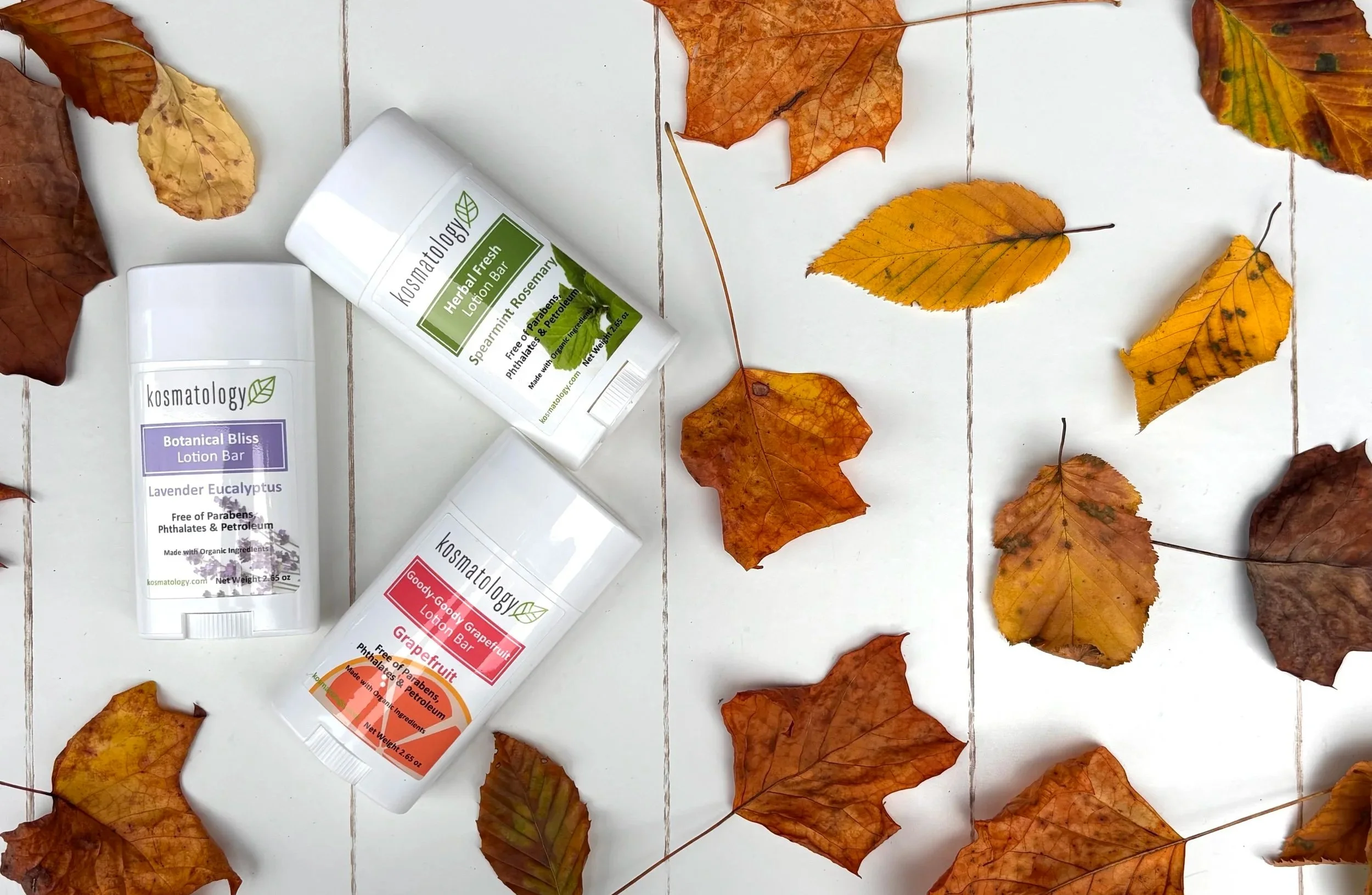 Kosmatology lotion bars with autumn leaves.