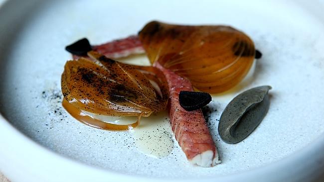 grilled lettuce with roast venison liver shavings, raw plums and nasturtium leaves