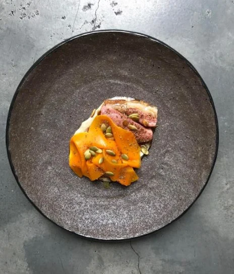  Automata dish:  dry aged lamb rump, eggplant purée, fermented pumpkin, cumin, thyme &amp; pumpkin seeds.&nbsp; 