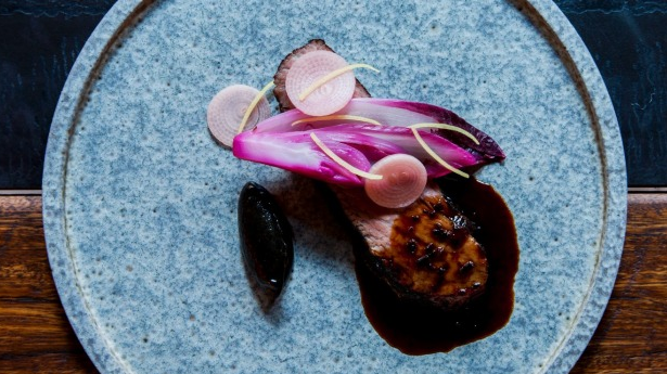 duck hearts, fermented red cabbage and fried capers