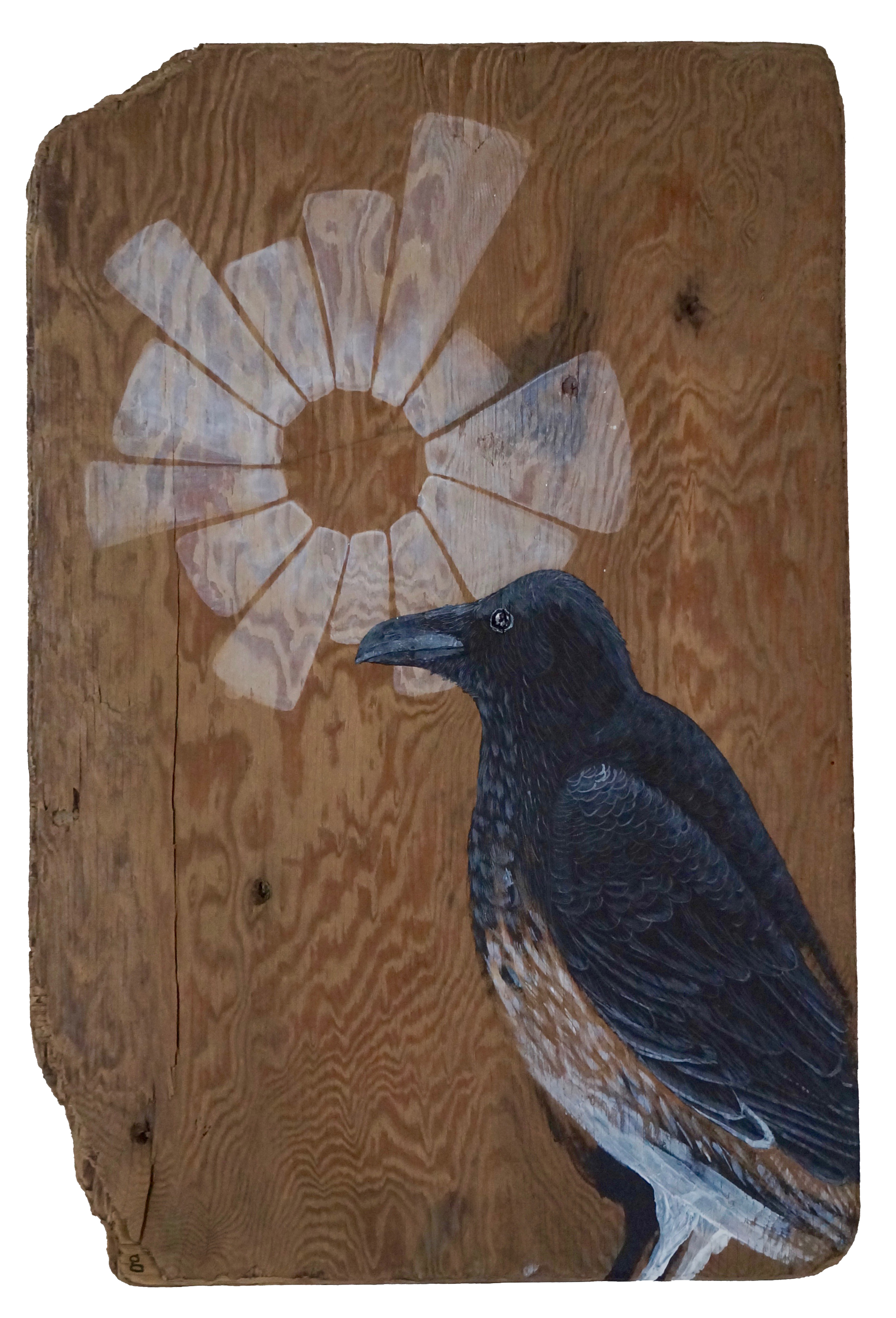  GHOST RAVEN  2017  ACRYLIC ON FOUND WOOD  21" x 14" x 1/2"  SOLD 