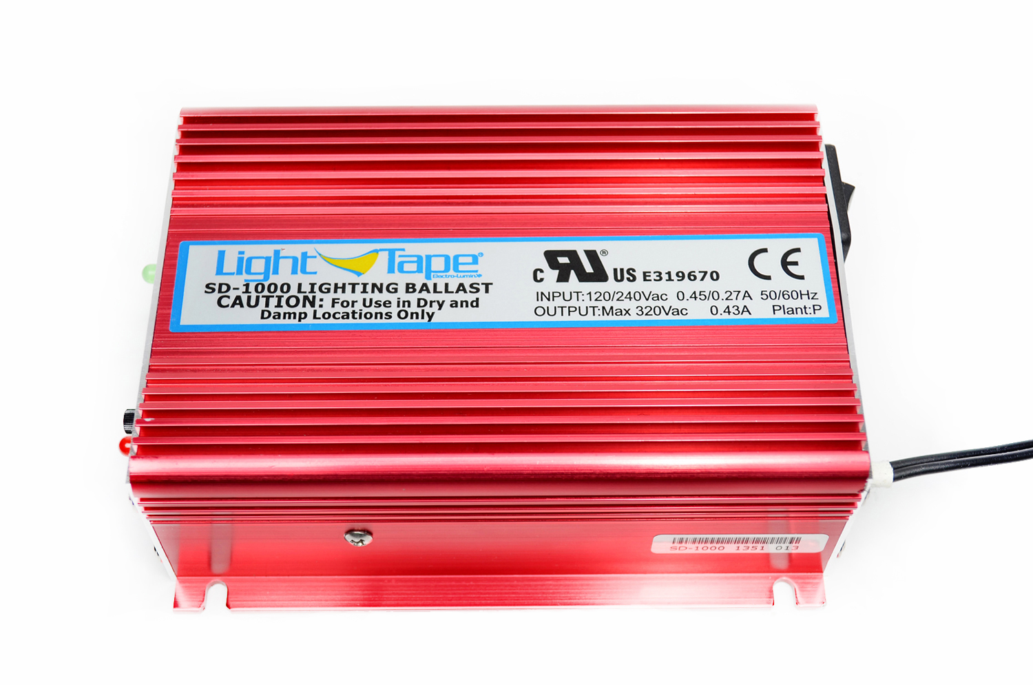 Model SD-1000 Illuminated Area: 555-1410 sq. in. Input Current: 450-700 mA Input Voltage: 120 or 240 VAC Input Frequency: 50/60 Hz Output Voltage: 200 -300 V Output Frequency: 600-900 Hz