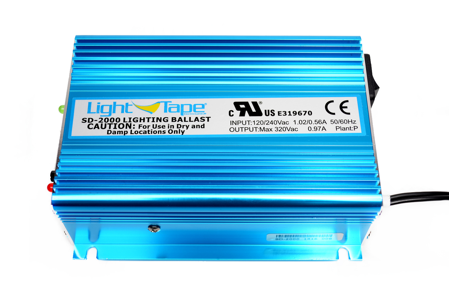 Model SD-2000 Illuminated Area: 1250-2500 sq. in. Input Current: 120-2250 mA Input Voltage: 120 or 240 VAC Input Frequency: 50/60 Hz Output Voltage: 200-300 V Output Frequency: 500-800 Hz