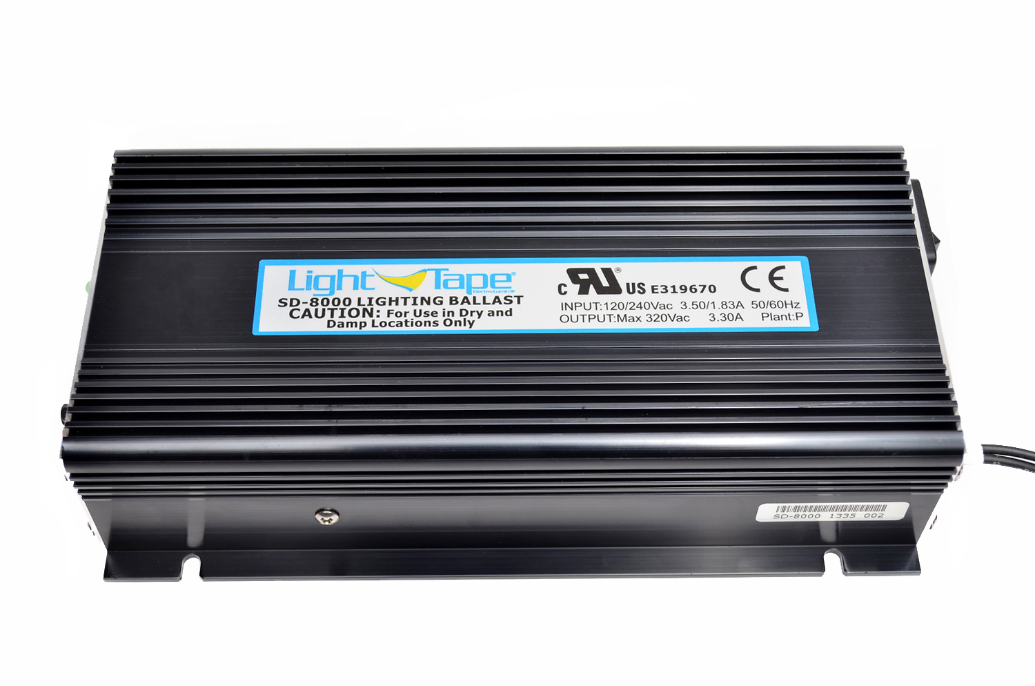 Model SD-8000 Illuminated Area: 8000 sq. in. Input Current: 800-4500 mA Input Voltage: 120 or 240 VAC Input Frequency: 50/60 Hz Output Voltage: 200-300 V Output Frequency: 500-680 Hz