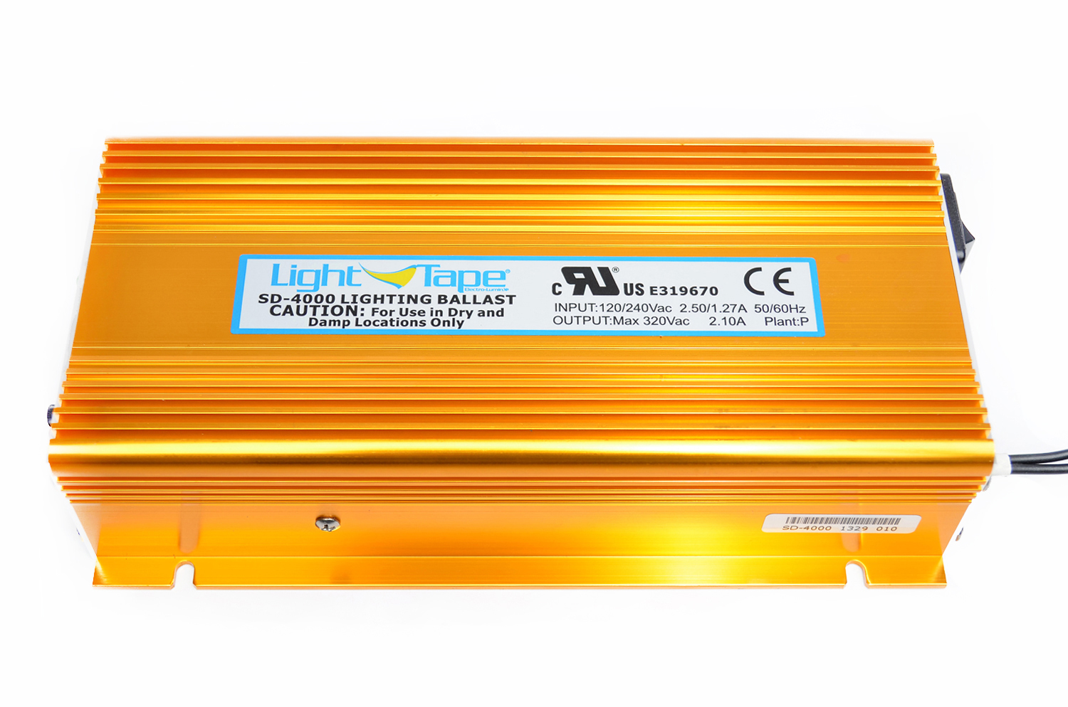 Model SD-4000 Illuminated Area: 2500-6500 sq. in. Input Current: 420-3300 mA Input Voltage: 120 or 240 VAC Input Frequency: 50/60 Hz Output Voltage: 200-300 V Output Frequency: 500-800 Hz