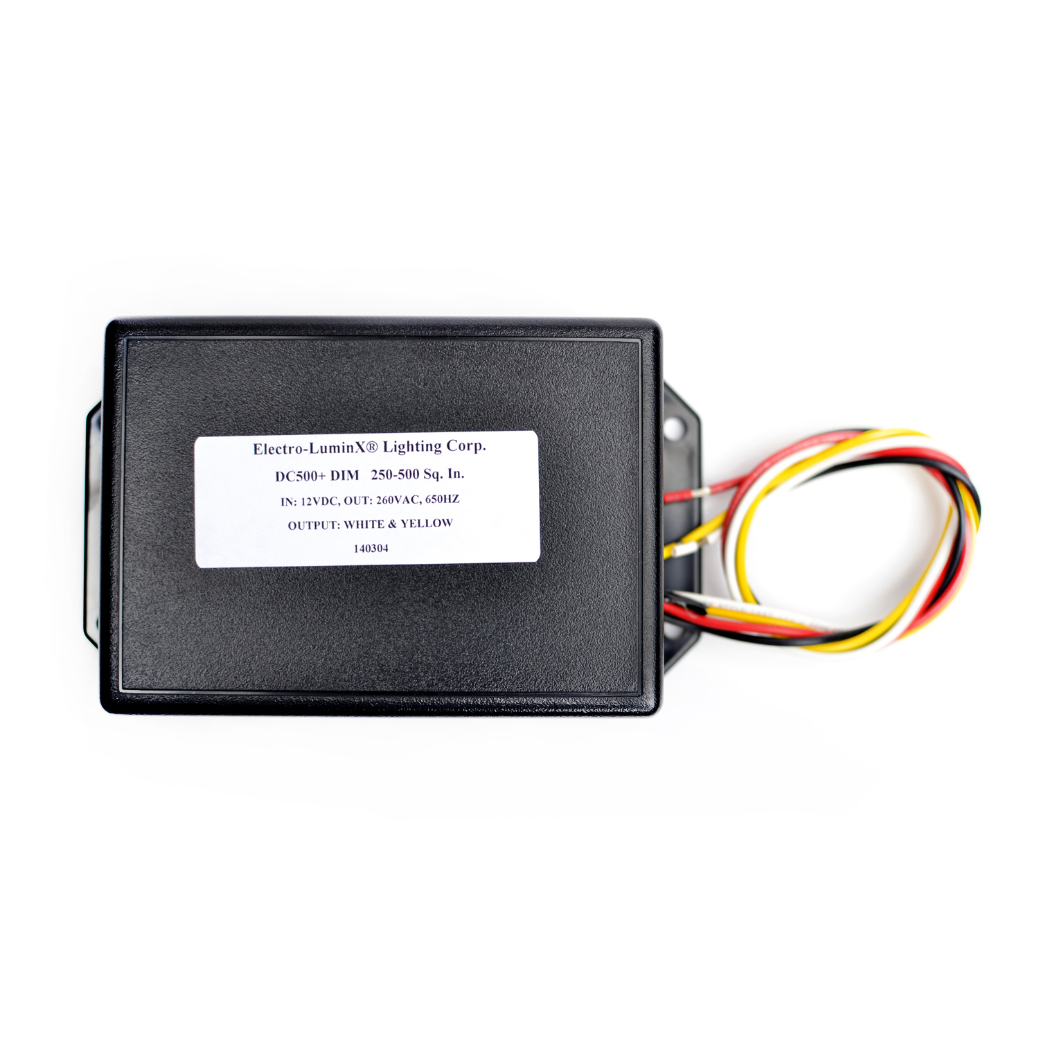 Model DC-500P Illuminated Area: 150-500 sq. in. Input Current: ~2188 amps Input Voltage: 12 VDC Output Voltage: 200-300 VAC Dimensions: 5.14” x 2.33″ x 1.74” Weight: 1.85 lbs (29.6 oz)