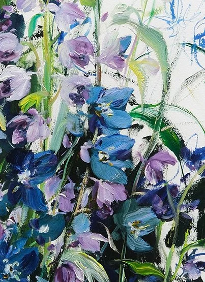 Delphiniums-EveryBlue_OilOnPaper_35"x27"Framed_2024_Zoom.jpeg