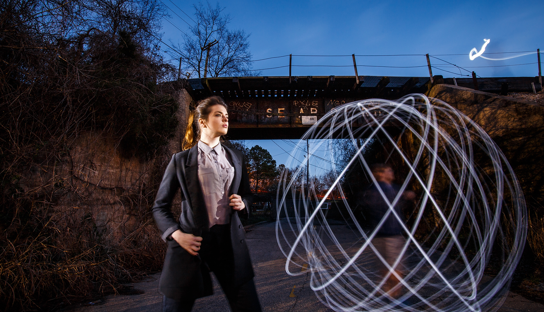 Believe it or not, this image is also straight out of the camera. You can see Will in the background swinging a flashlight in a circular pattern while I paint the model.