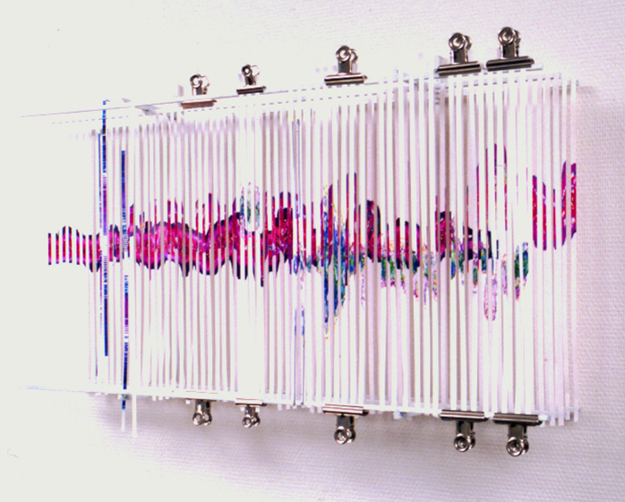Glitch Wave. 95 x 45 x 30cm. Shredded print, metal& clamps.