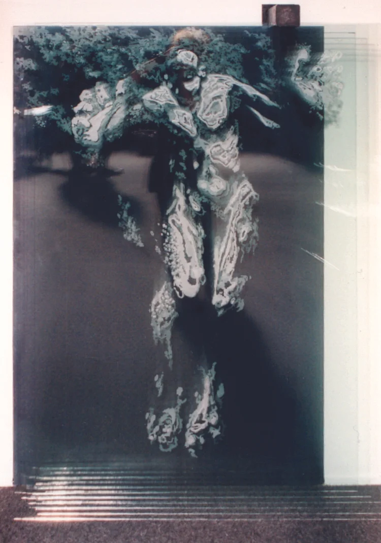  Void. 180 x 85 x 25cm. 7 sandblasted sheets of glass, iron sheet. 