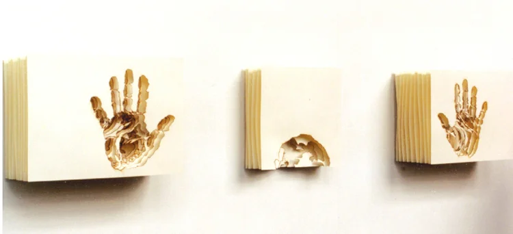 Freeze. 90 + 25 + 15 cm. 8 sheets of burnt paper, metal wood.
