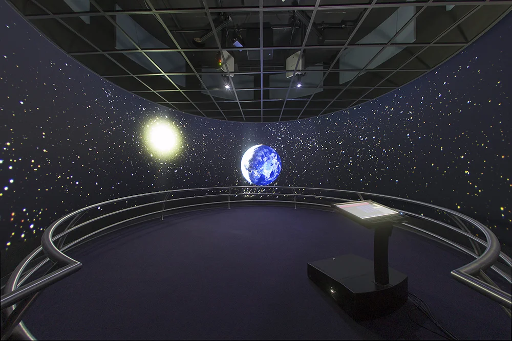 Final product: Projected image, podium, and ceiling hardware all exposed properly and entire room in the frame with lens distortion corrected for.