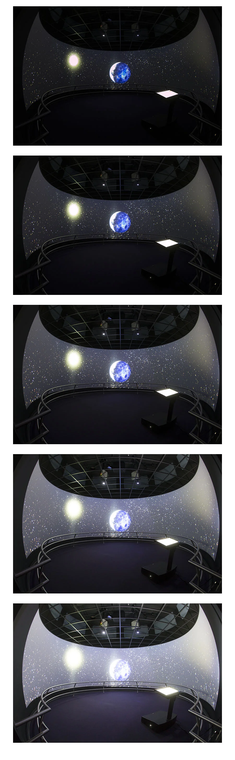 The five unprocessed images used to create the final product. Note the drastic distortion before processing and the different exposures of each.