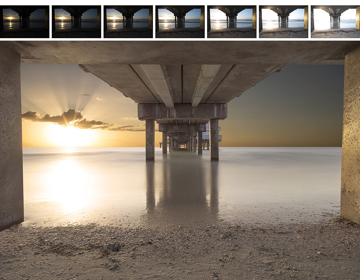 The image above shows the seven exposures used to create the completed image below them. Note how by themselves, any of the seven exposures are either too dark or far too bright. When digitally tone-mapped together however, a much more compelling image can be created. Pier 60, Clearwater Beach, Florida.