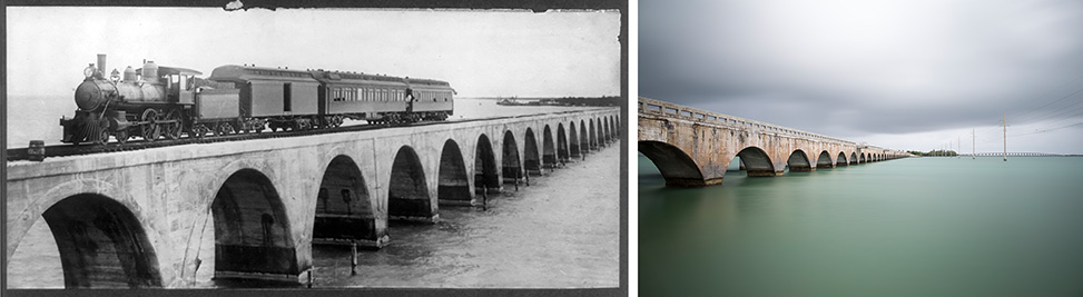 Then and Now: The long Key Bridge connecting Long Key and Conch Key. The bridge originally shouldered the Overseas Railroad from 1907 to 1935 before being used for highway traffic. The current bridge is used for foot traffic and the new US 1 runs parallel to the east.