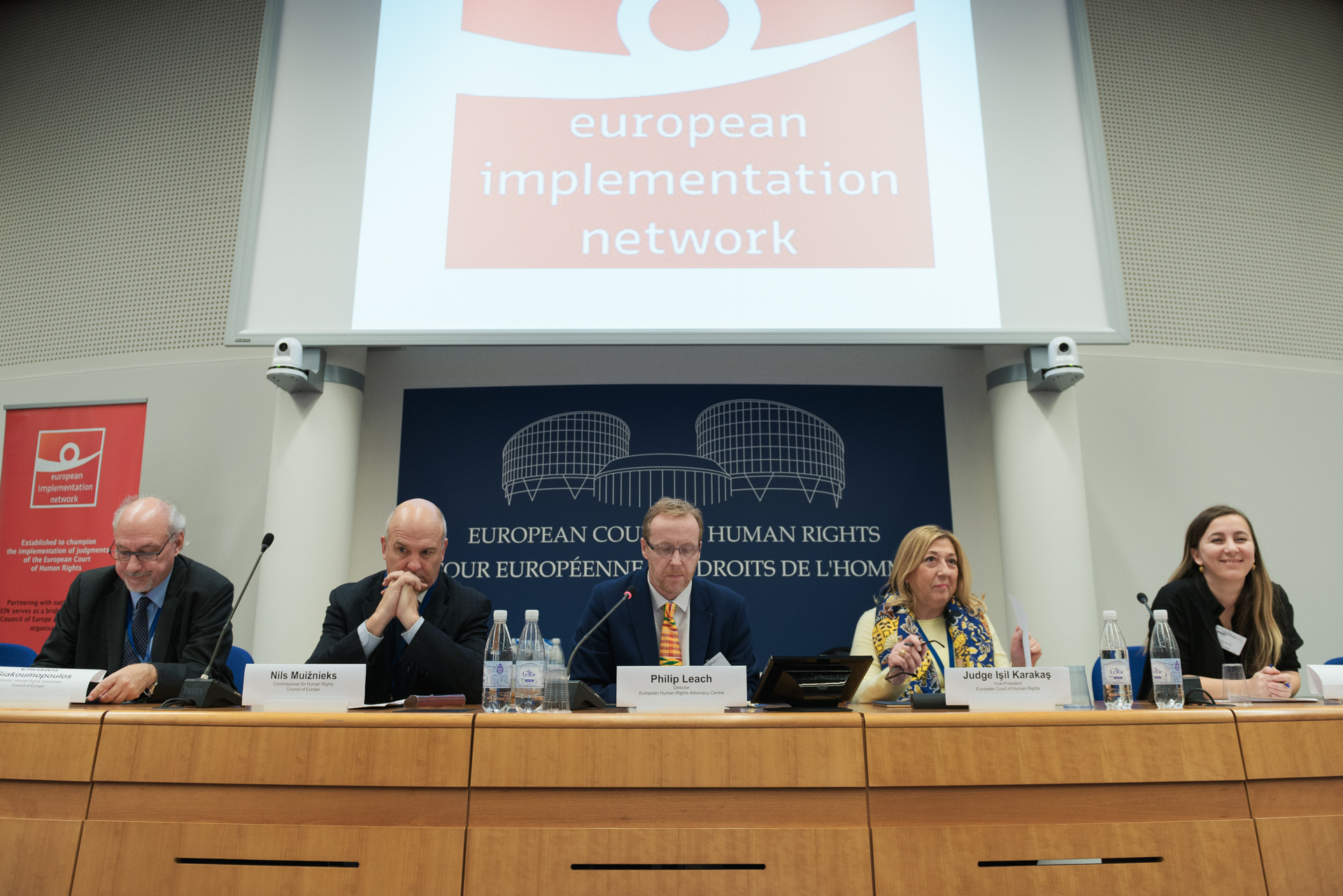 From left: Christos Giakoumopoulos, Director of the Human Rights Directorate of the Council of Europe, Nils Muižnieks, Commissioner for Human Rights of the Council of Europe, Professor Philip Leach, Vice-Chair of the EIN, Judge Işil Karakaş, Vice-President of the European Court of Human Rights, and Professor Başak Çal ı , Chair of the EIN © Arnaud Fonquerne