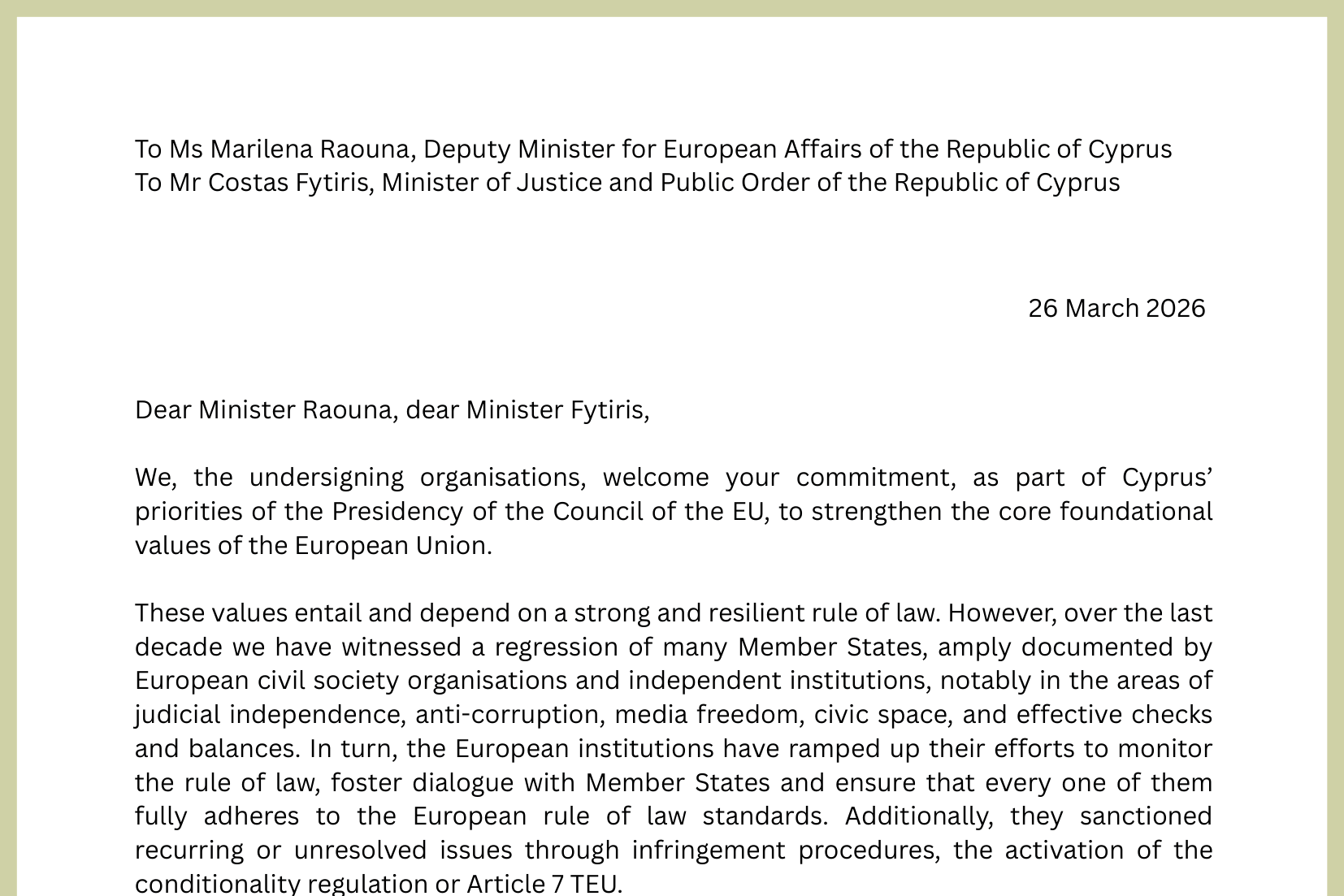 60+ EU Civil Society Organisations and NHRIs Calls on the Cypriot Presidency of the Council of the EU to Act on European Courts Judgments Enforcement