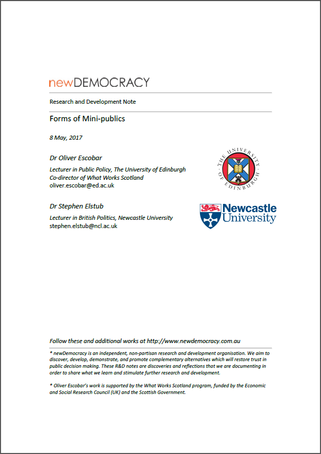 Forms of Mini-publics: An Introduction to deliberative innovations in democratic practice