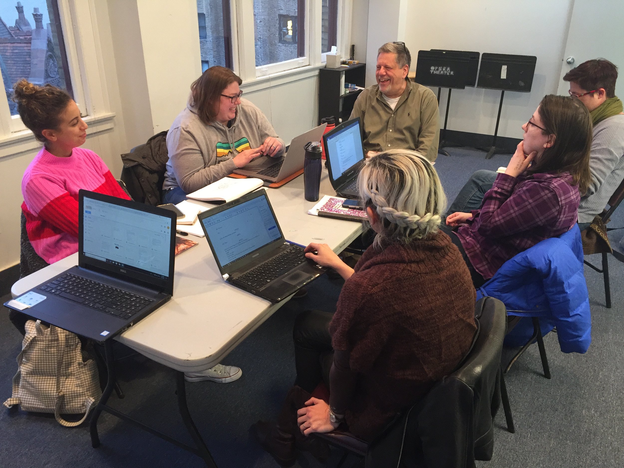 Production meeting; from left around the table to right: costume designer Shelby Kay, scenic designer Meghan Jones, director Kevin Glaccum, props manager Amanda Hatch, production manager Lauren Tracy, sound designer Melissa Dunphy