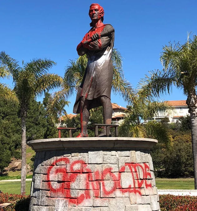 Vandalized statue of Columbus in San Diego
